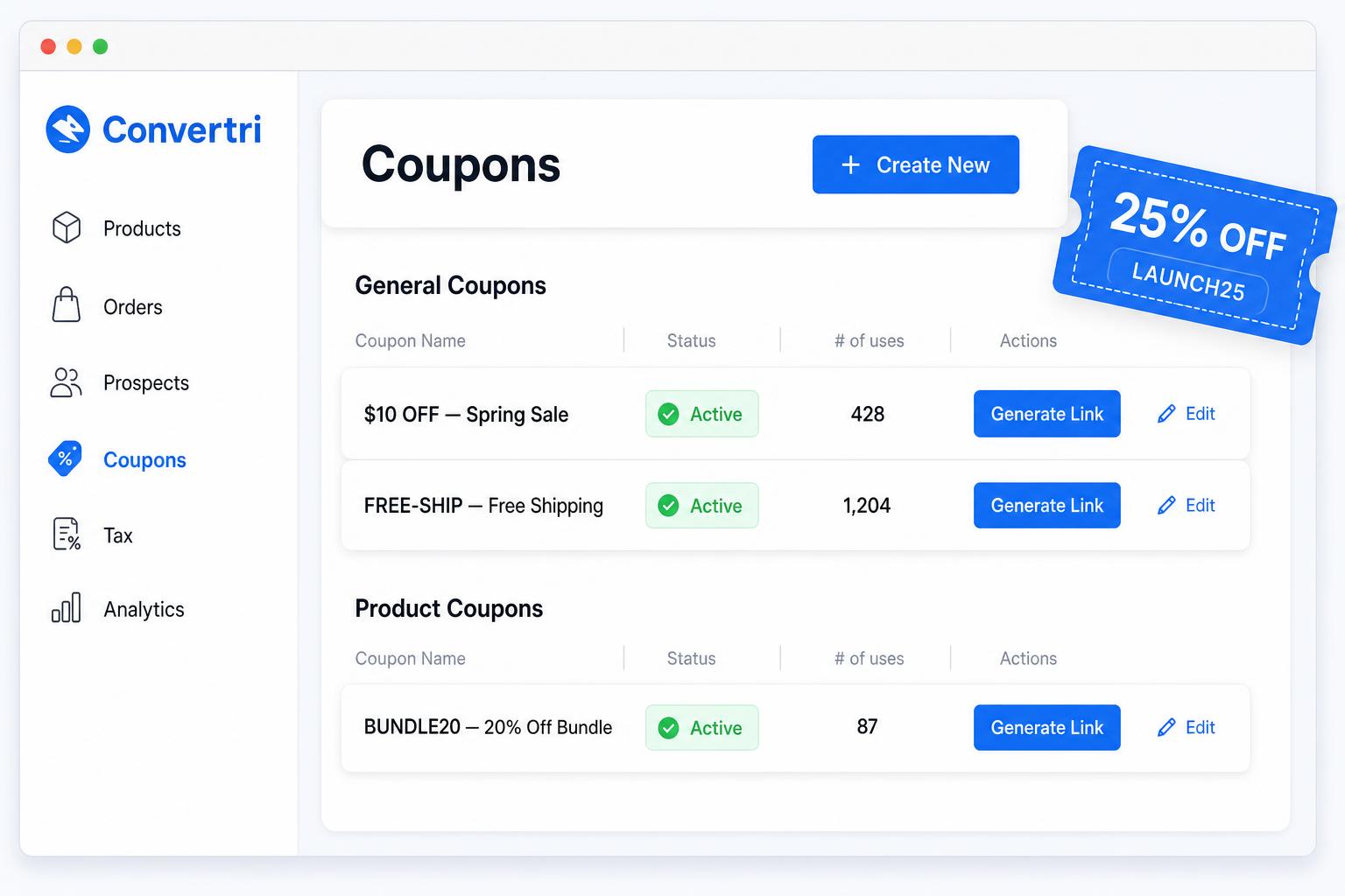 Convertri coupon management dashboard